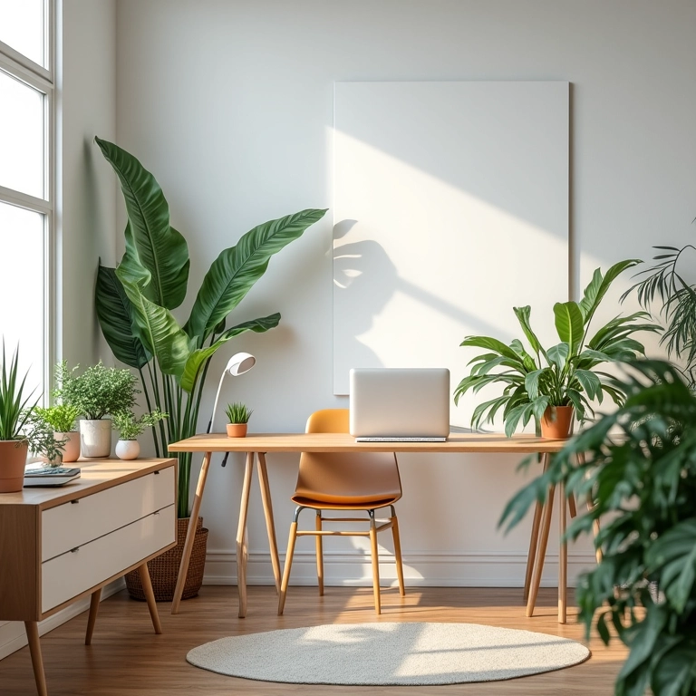 Espaço de trabalho limpo e organizado com decoração brasileira e iluminação natural.