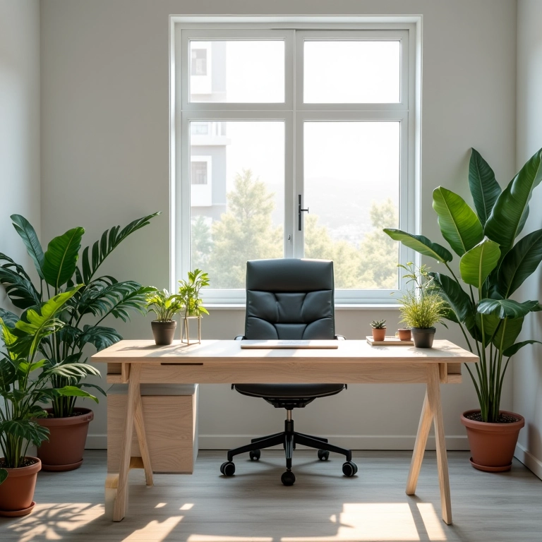 Espaço de trabalho minimalista com mesa limpa, plantas e luz natural.