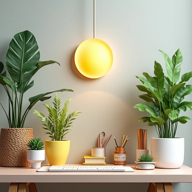 Espaço de trabalho organizado com decoração vibrante.