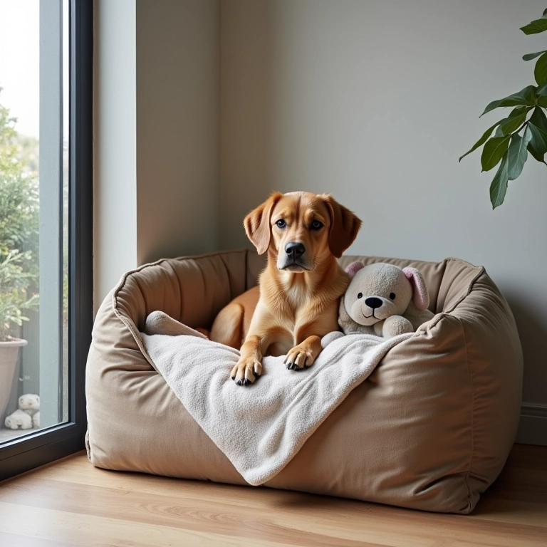 Espaço exclusivo para um cachorro em um escritório moderno.