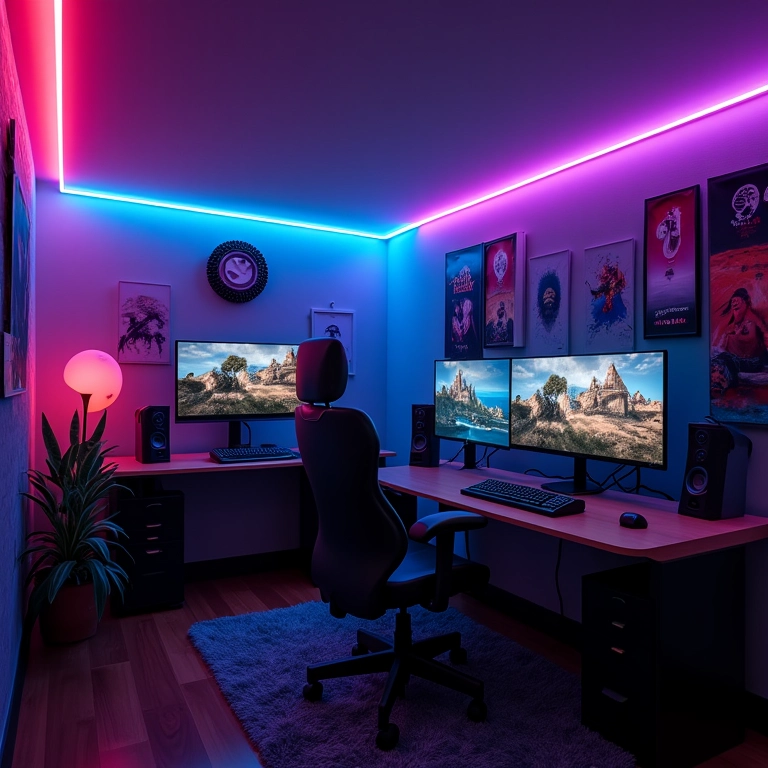 Espaço gamer com iluminação estratégica e fitas de LED.