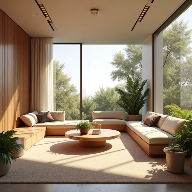 Espaço interno com design paramétrico, móveis personalizáveis e layout flexível.