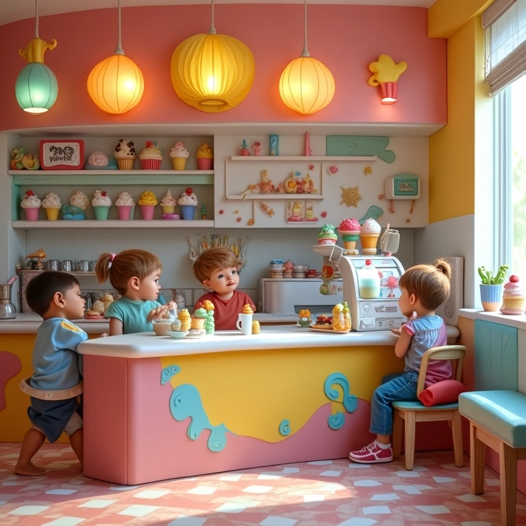 Espaço kids divertido e seguro em uma sorveteria.