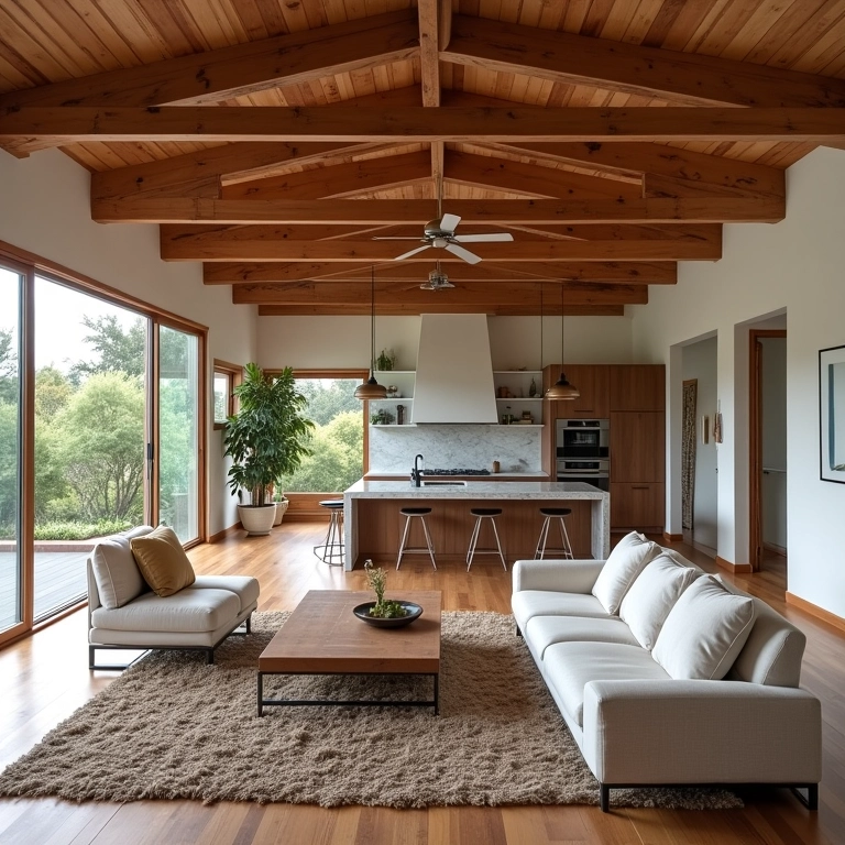 Espaços integrados e funcionais em uma casa de campo moderna.