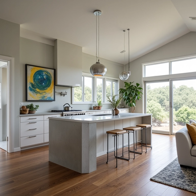 Espaços integrados em rancho: cozinha e sala de estar conectadas, com obras de arte brasileiras e luz natural.