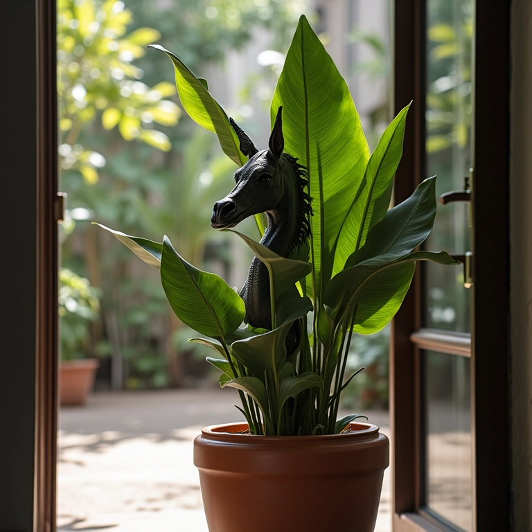 Espada-de-São-Jorge em vaso estiloso perto de uma porta.