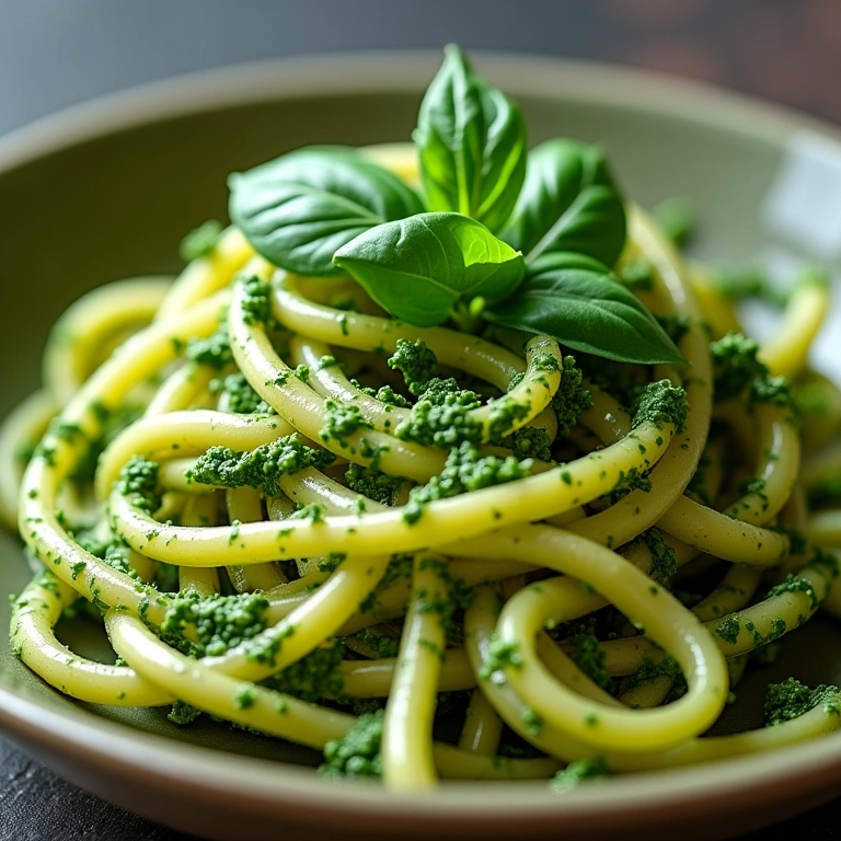 Espaguete de abobrinha com pesto de manjericão verde vibrante.