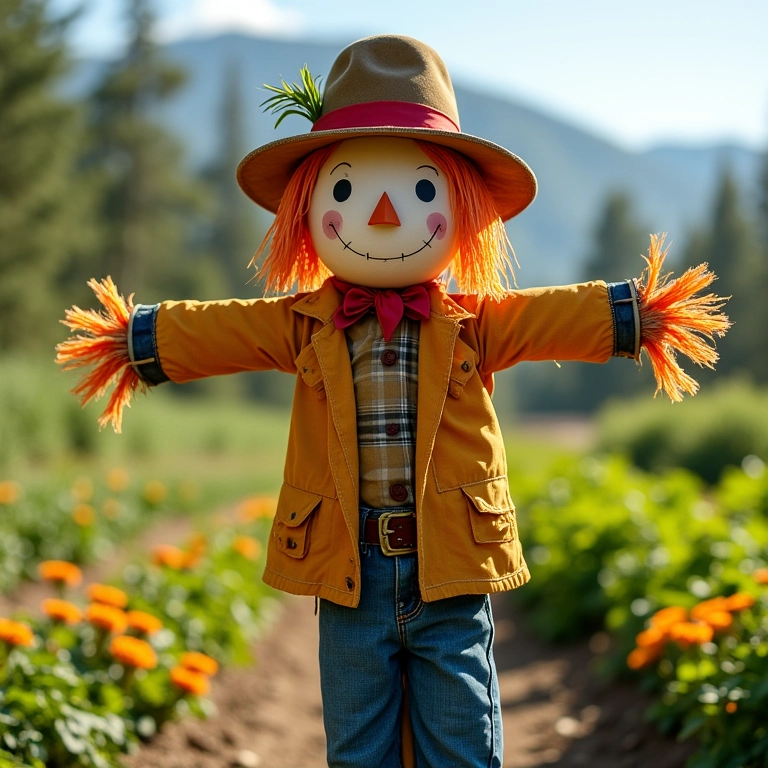 Espantalho moderno protegendo horta.