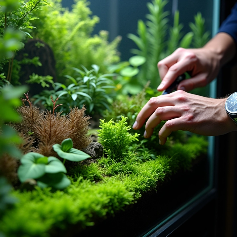 Especialista cuidando de aquário plantado.