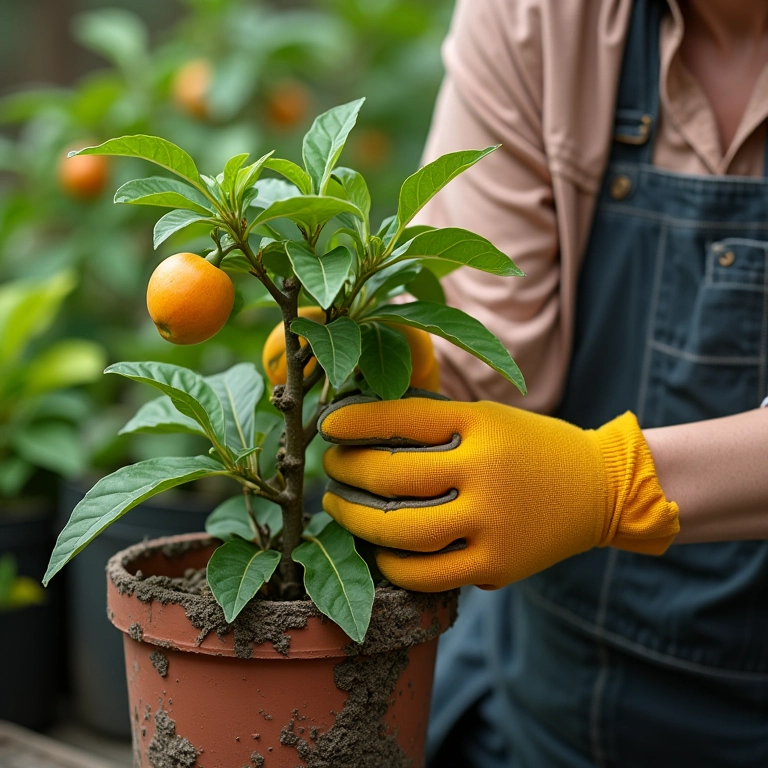 Especialista cuidando de um pé de maracujá em vaso.