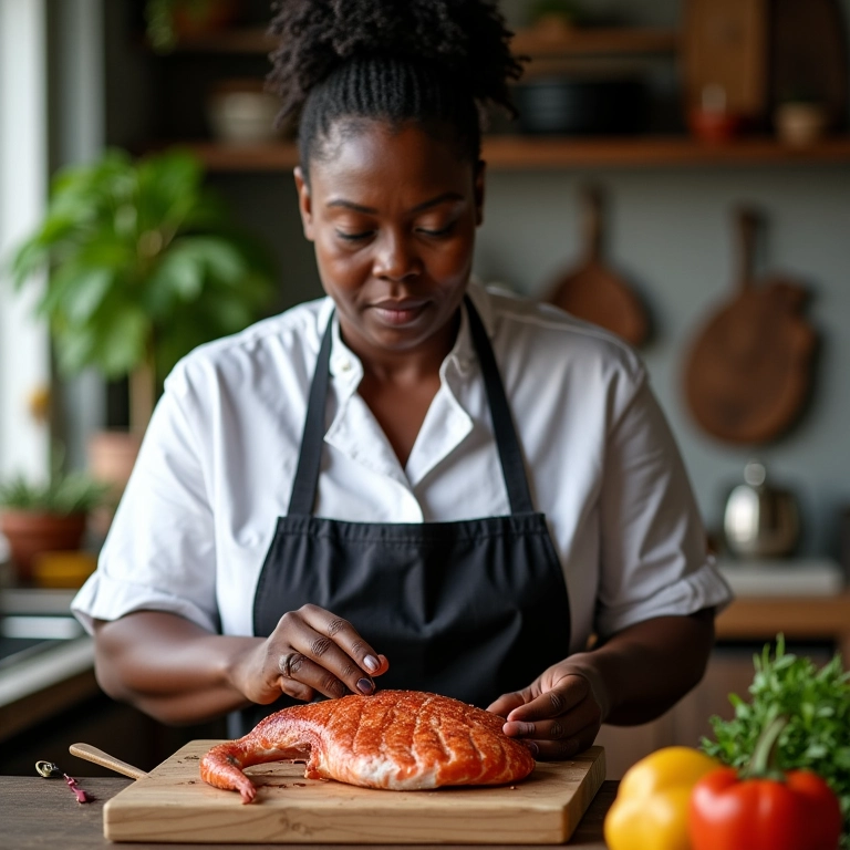 Especialista culinária compartilhando dica sobre Camarão na Moranga.