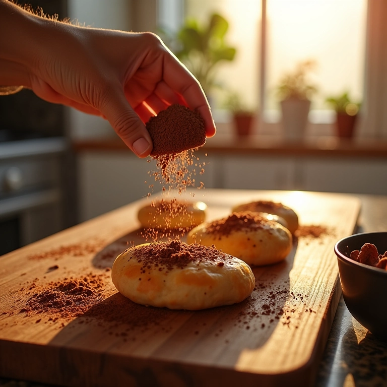 Especialista decorando pães de mel com cacau em pó.