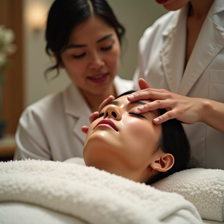 Especialista demonstrando técnicas de massagem facial com jade roller.