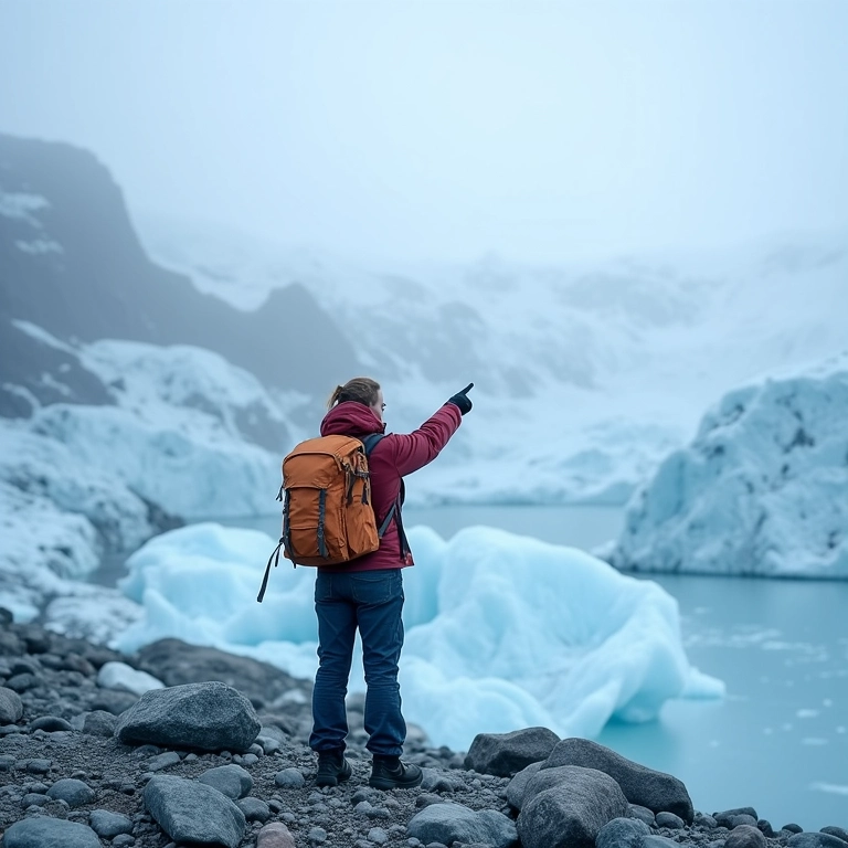 Especialista em turismo na Groenlândia apontando para o horizonte.