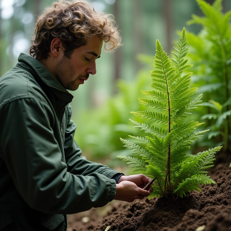 Especialista examinando o solo da samambaia de metro.