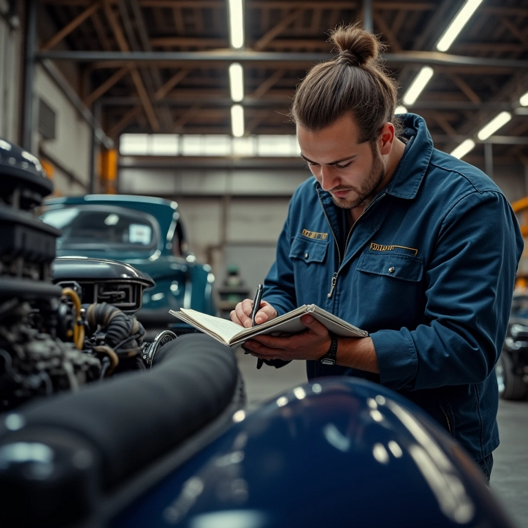 Especialista inspecionando motor de carro clássico, caderno na mão.