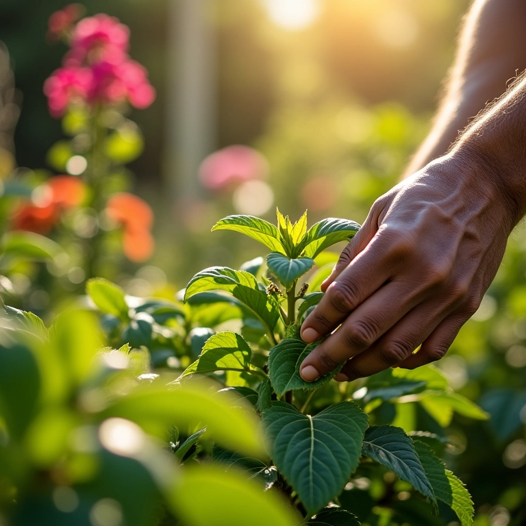 Especialista podando planta de jiló em jardim vibrante.