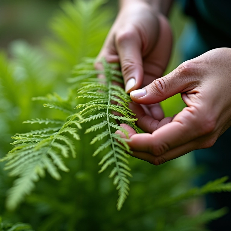 Especialista podando samambaia de metro com cuidado.