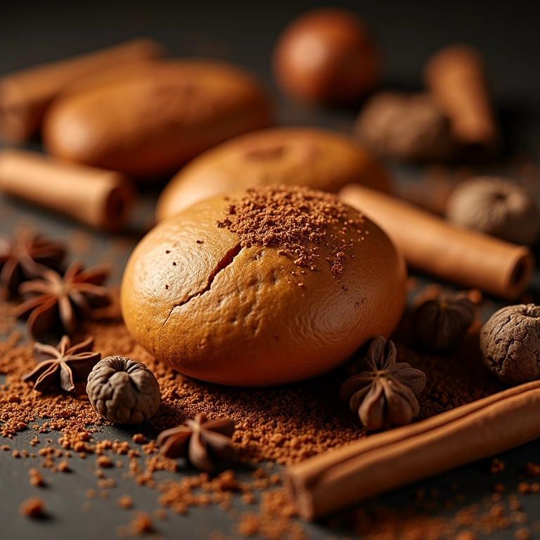 Especiarias como canela, cravo, anis estrelado e noz-moscada ao redor do pão de mel.