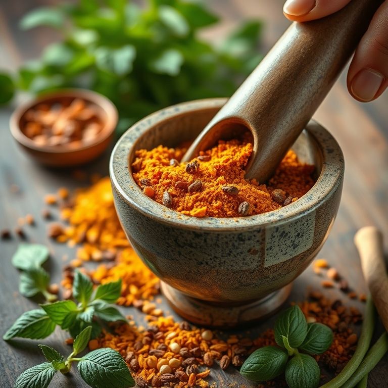 Especiarias sendo moídas na hora para tempero caseiro.