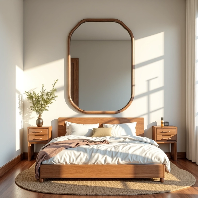 Espelho ampliando a luz natural no quarto de solteiro.