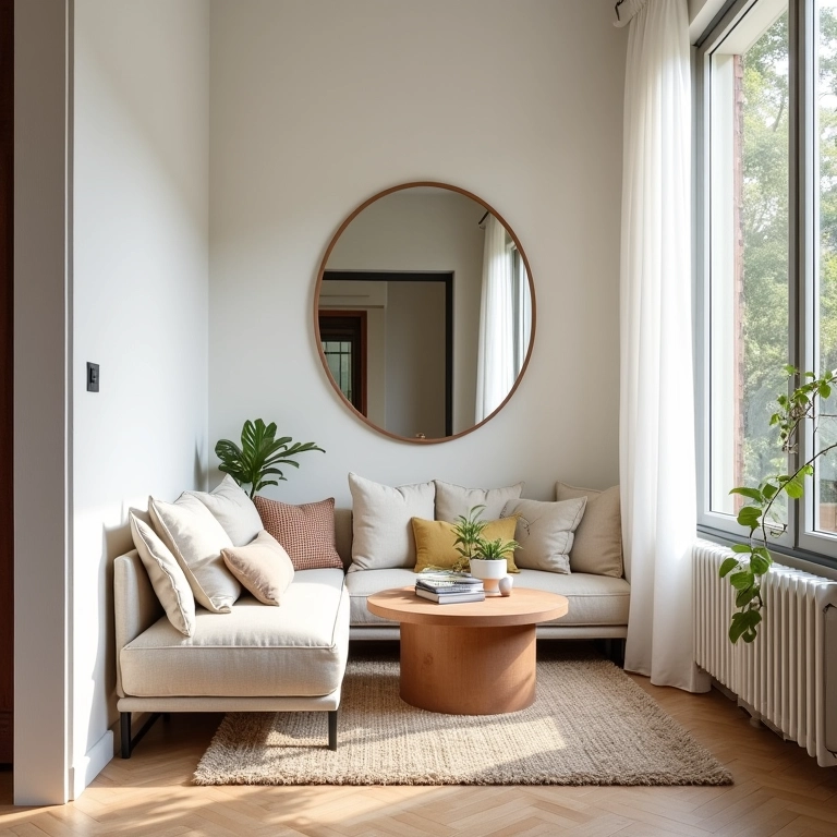 Espelho ampliando uma sala de TV pequena com decoração brasileira.