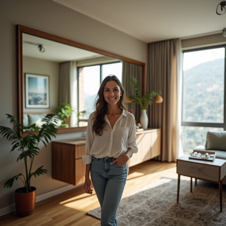 Espelho ampliando visualmente um microapartamento decorado.