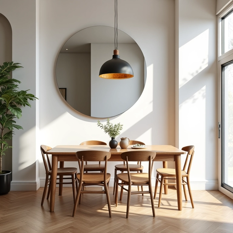 Espelho grande ampliando a sala de jantar pequena.