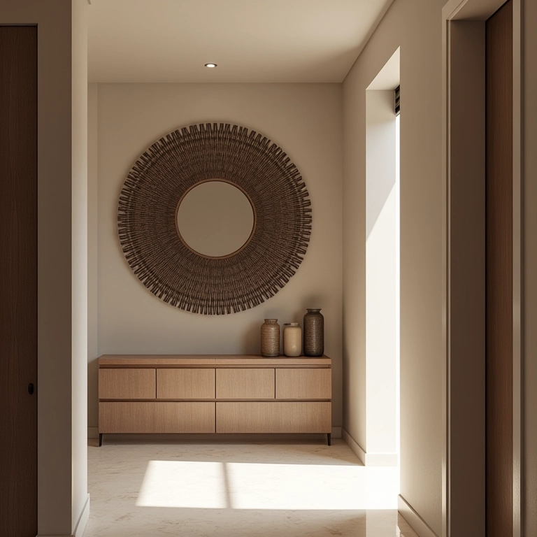 Espelho grande ampliando hall de entrada de apartamento moderno.