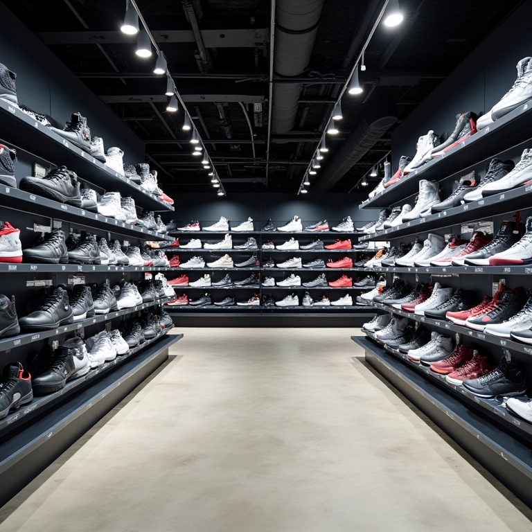 Espelhos ampliando o espaço e expondo produtos em loja de esportes.