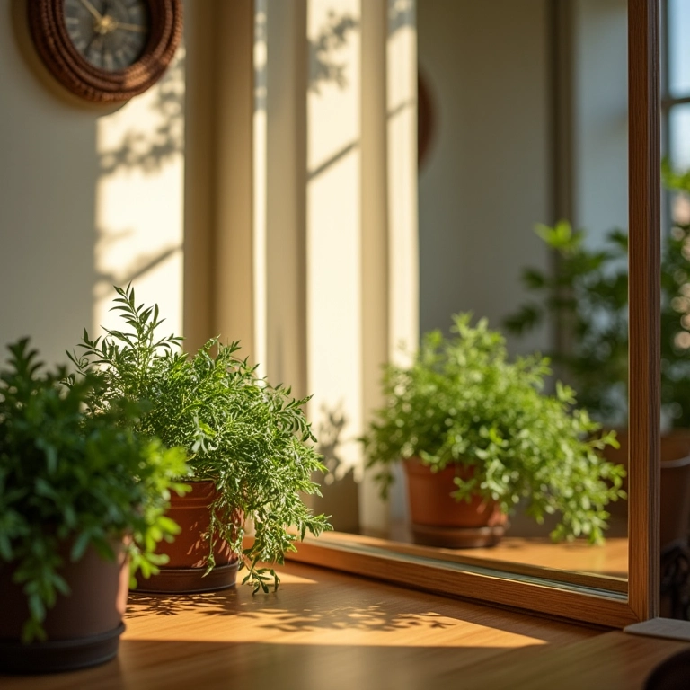 Espelhos otimizando a luz solar para horta em apartamento.