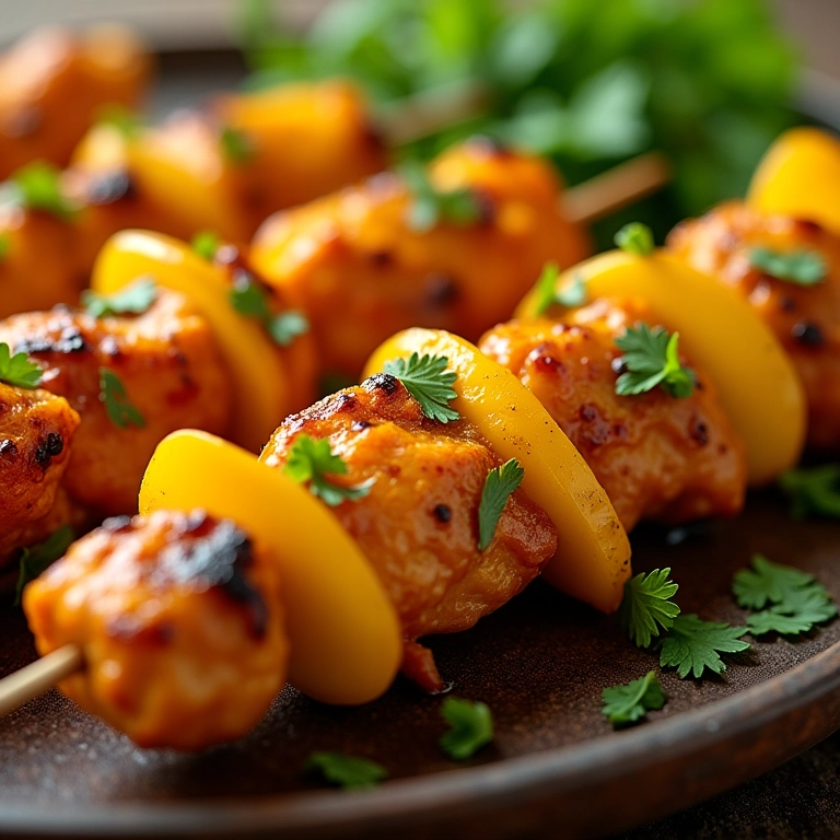 Espetinho de frango ao curry com pedaços de manga.