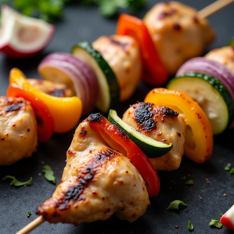 Espetinho de frango clássico com legumes coloridos grelhados.