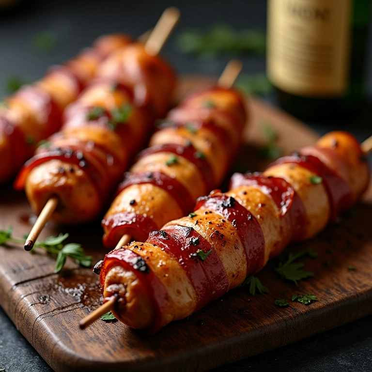 Espetinho de frango com bacon e queijo coalho derretido.