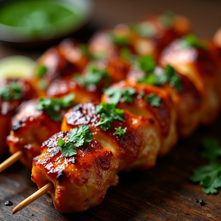 Espetinho de frango com molho chimichurri.