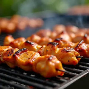 Espetinhos de Frango Saborosos e Práticos Para o Churrasco Espetinhos de frango sendo preparados em uma churrasqueira.