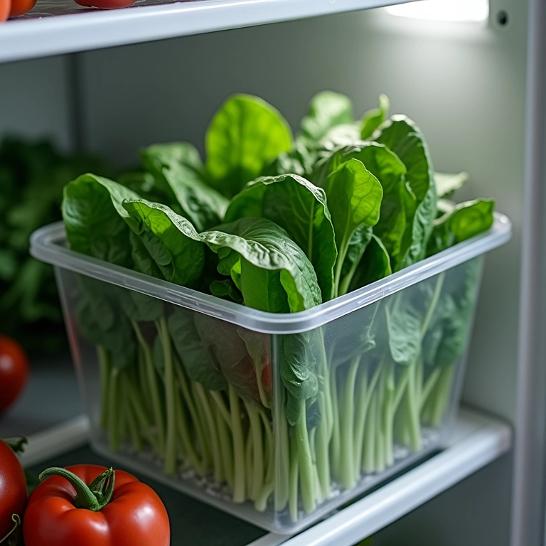 Espinafre fresco armazenado corretamente na geladeira.