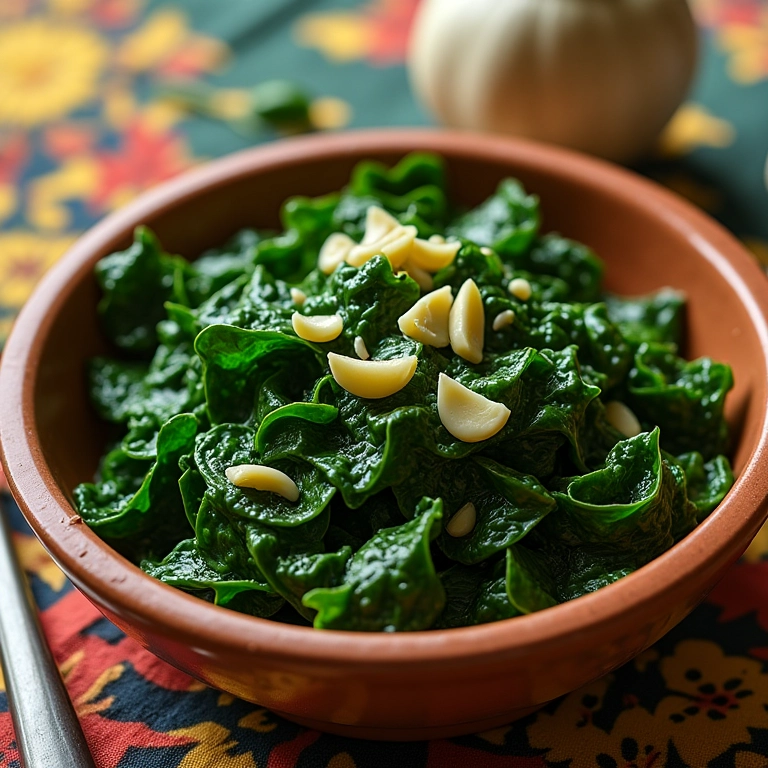 Espinafre refogado com alho e óleo em tigela charmosa.