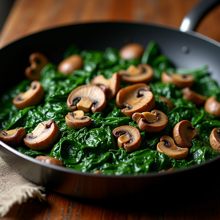 Espinafre refogado com cogumelos e castanhas na frigideira.