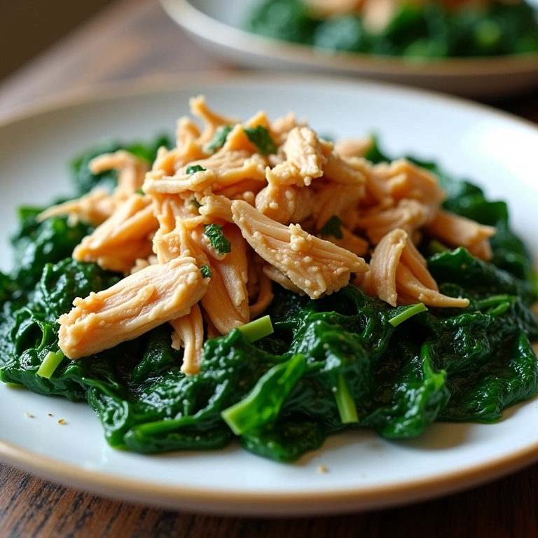 Espinafre refogado com frango desfiado em prato colorido.