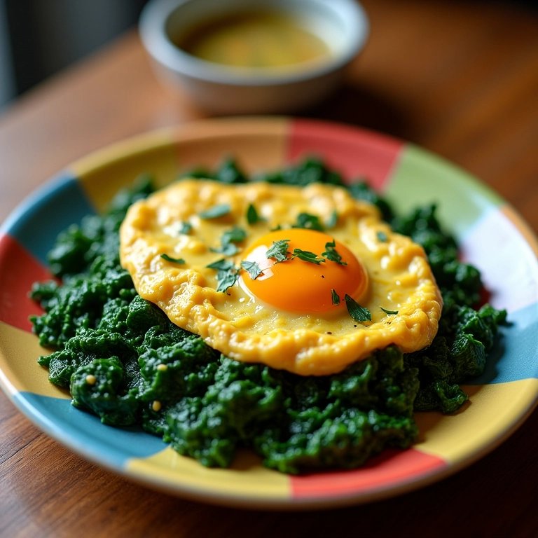Espinafre refogado com ovos mexidos em prato decorado.