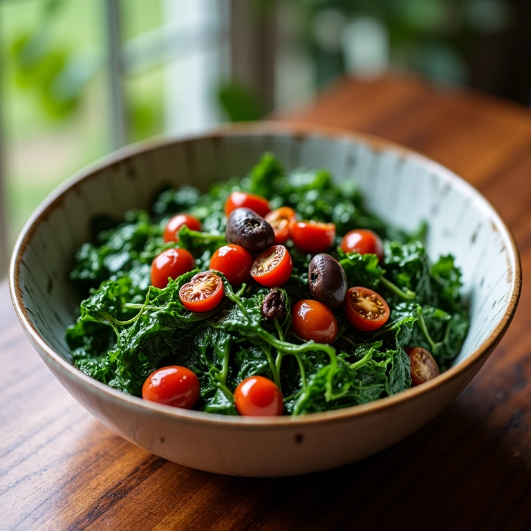 Espinafre refogado com tomate seco e azeitonas em tigela.