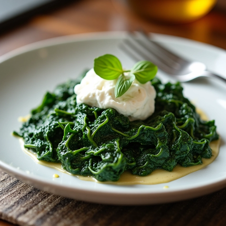 Espinafre refogado cremoso com ricota em prato branco.