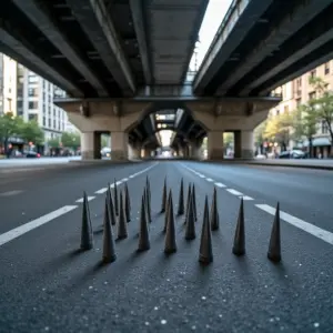 Espinhos anti-mendigo sob viaduto, arquitetura hostil.