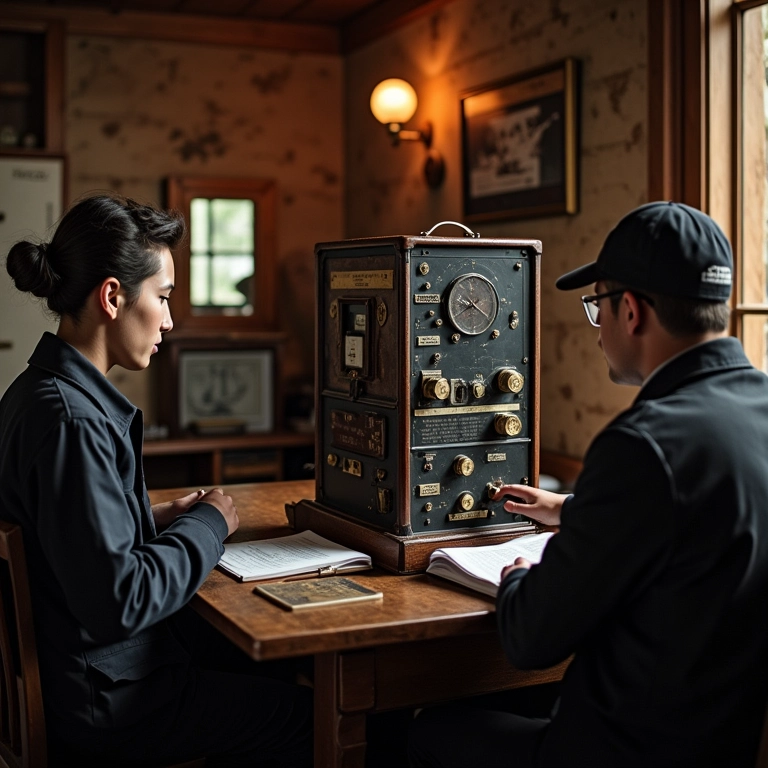Estação telegráfica histórica com operadores enviando mensagens em código Morse.