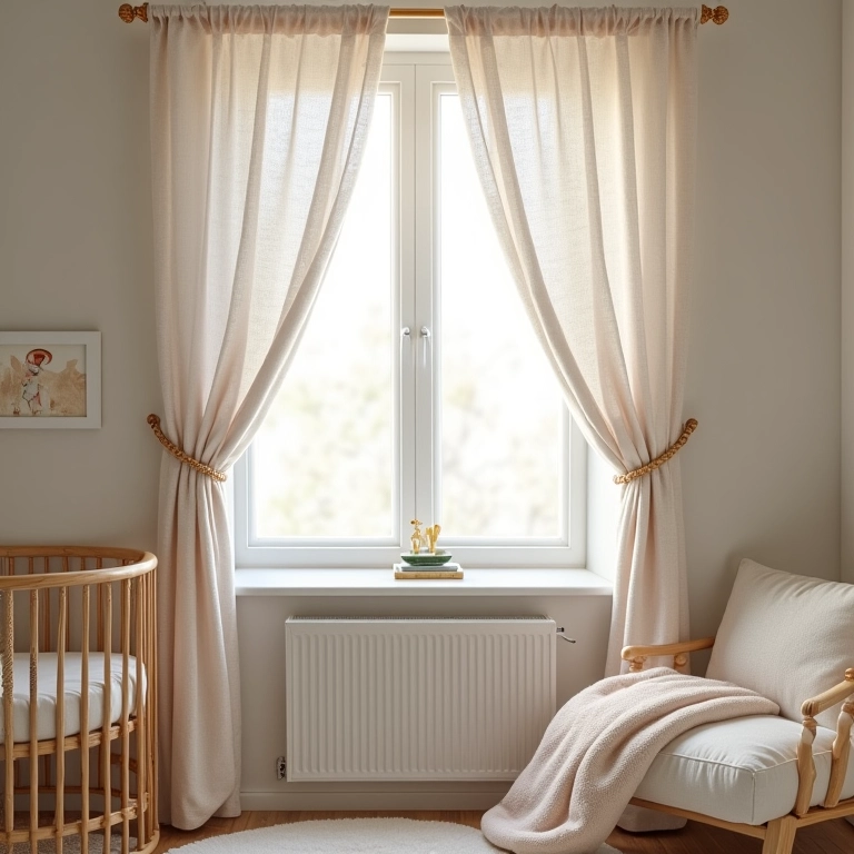 Estampas delicadas nas cortinas do quarto do bebê, toque de charme.