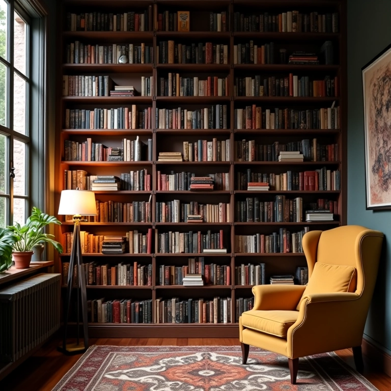 Estante biblioteca aconchegante com poltrona e luminária.