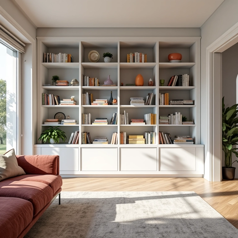 Estante branca contrastando com decoração colorida na sala de estar.