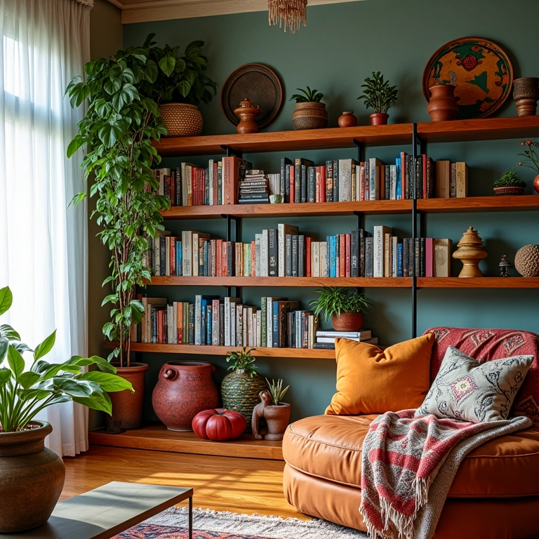 Estante colorida em sala de estar com decoração boêmia.