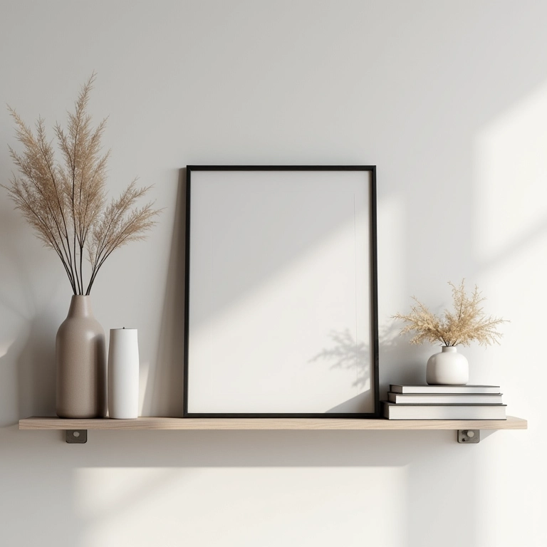 Estante com decoração escandinava e produtos selecionados.